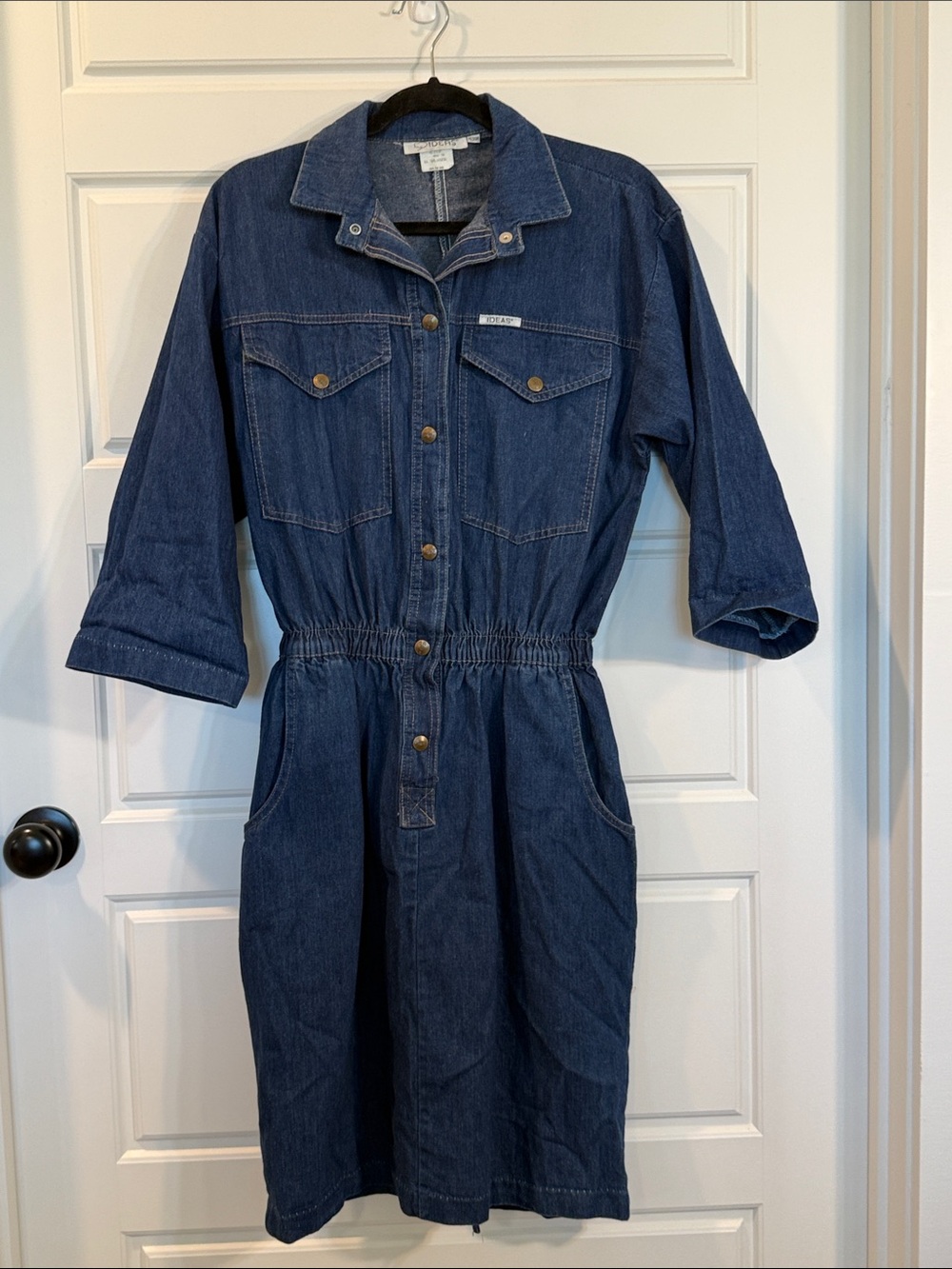 Vintage 80s IDEAS Denim Jumpsuit Made In USA Excellent Snap 3/4 Sleeves Medium